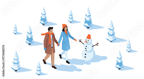 Winter stroll couple walking hand in hand making a snowman in a snowy landscape
