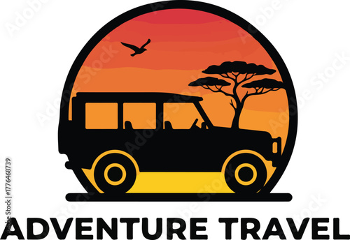 Retro sunset bus travel adventure and tour journey badge logo