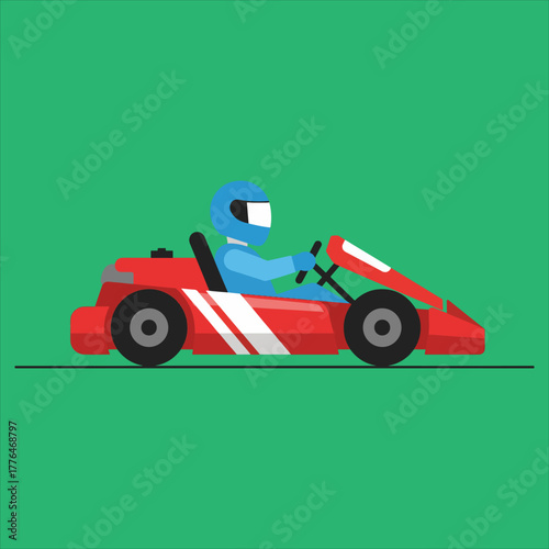 A red go-kart with a driver wearing a blue helmet, racing on a black track against a green background.