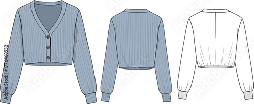 Cropped cardigan sweater, fashion flat sketch, ribbed knitwear, technical illustration, front and back view, garment design, apparel template, V-neck