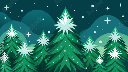 Vector illustration of a serene winter background featuring lush green pine branches adorned with white stars and delicate snowflakes on a deep dark green backdrop