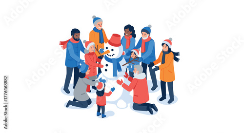 Festive winter fun group of people building a snowman together in a colorful flat art style