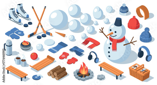 Winter accessories and activities isometric set with snowman, skates, and hot drinks