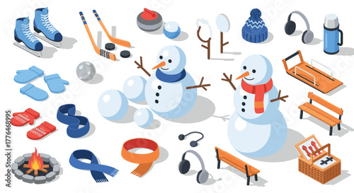 Winter fun and activities with snowmen and ice skating in isometric design