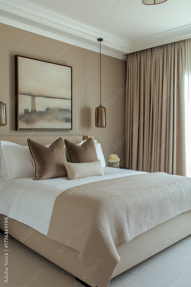 Fototapeta premium Contemporary bedroom in muted green and caramel tones, featuring linen bedding, curved pendant lights, and subtle wall art.