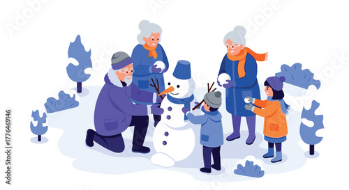 Family building snowman in winter scene with children and grandparents in flat style