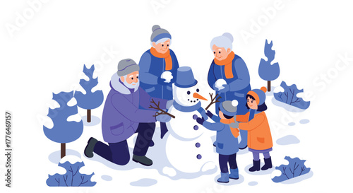 Family enjoying winter fun building snowman together in scenic snowy park