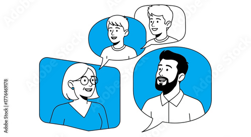 Diverse group of people engaged in lively online conversation and connection