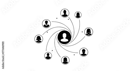 Diverse group of people connected in a collaborative network, radiating from a central figure.