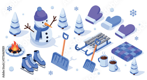 Winter fun elements with snowman, sled, and warm drinks in isometric style