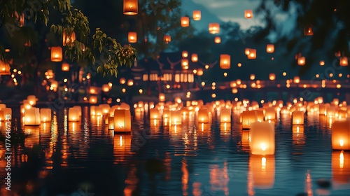Thousands floating lanterns over calm water high resolution picture