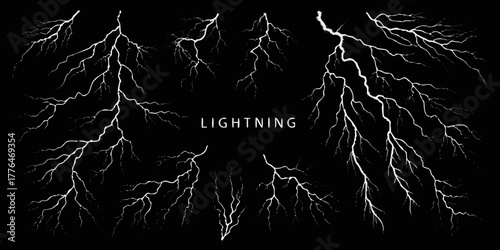 Collection of white lightning bolts striking across a dark black background with the word lightning in the center