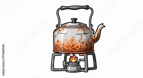 Camping kettle on stove with fire