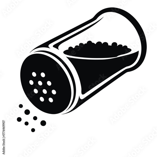 Black and white illustration of a salt shaker dispensing seasoning