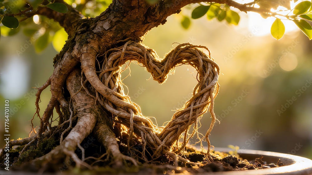 Fototapeta premium Heart - Shaped Bonsai Tree Roots in Golden Sunlight Symbol of Nature’s Love and Botanical Art