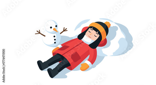 Cozy winter fun with snowman and child in warm clothing