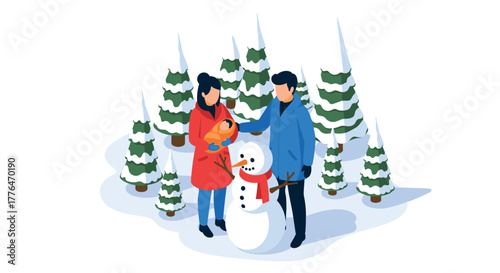 Family building a snowman in a winter forest scene with snowcovered trees