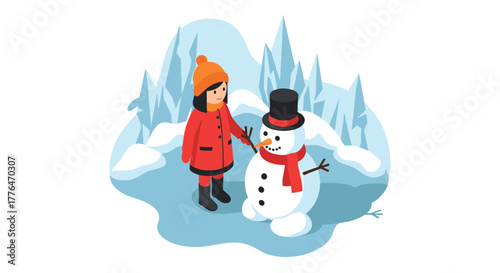 Winter fun with snowman and child in isometric style winter wonderland