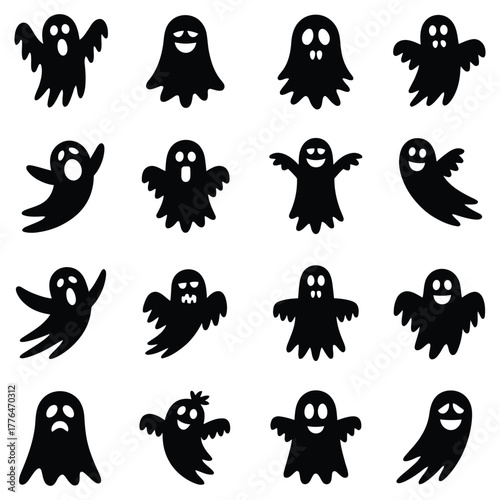 Collection of silhouetted halloween ghosts in various poses
