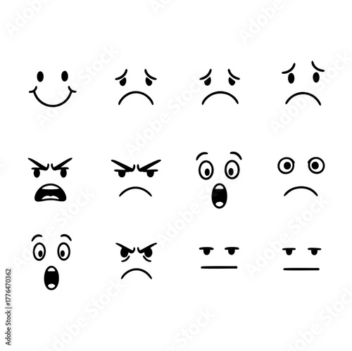 A collection of twelve minimalist black line art emoticons showing diverse facial expressions like happy, sad, angry, and surprised.