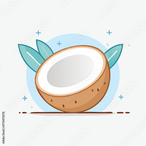 Pixel Art Half Coconut Fruit With Blue Leaves and Plus Signs On White Background