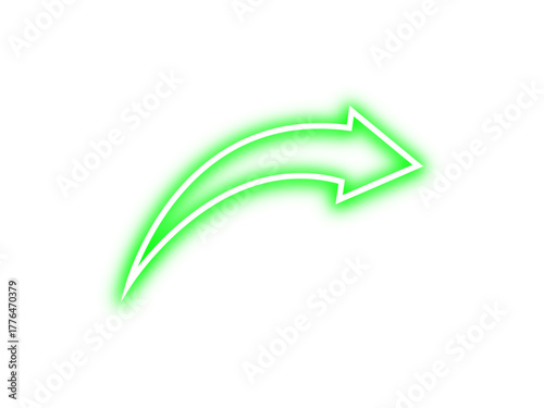 Green neon glowing curved outline arrow sign pointing right direction. Shining curve stroke arrow with green neon glow effect. Futuristic arrow mark with neon light. Vector illustration.