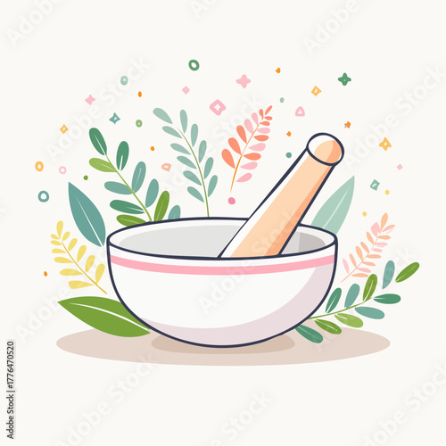 A White Mortar and Pestle Surrounded by Delicate Green and Pink Botanical Elements with Subtle Pixelated Accents