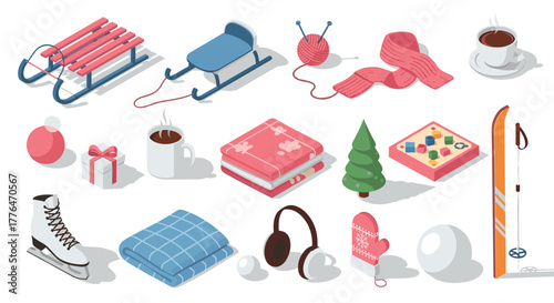 Cozy winter essentials in isometric style sleds, knitting, hot drinks, and more