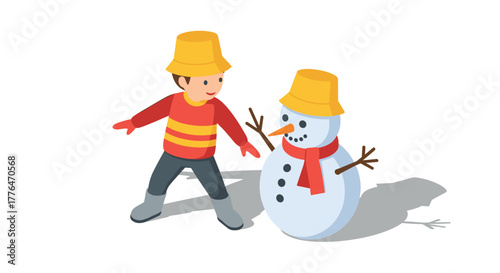 Child playing with snowman wearing buckets on head in winter fun scene