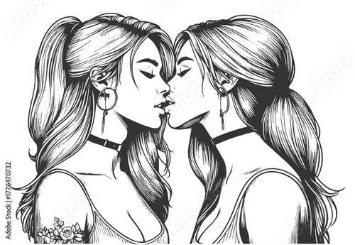 two women sharing a tender kiss, with elegant hairstyles, chokers, and expressive line work sketch engraving generative ai fictional character vector illustration. Scratch board. Black and white image