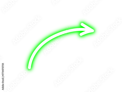 Hand drawn green neon glowing curved line arrow sign indicates right side direction. Shining curve line arrow with green neon glow effect. Futuristic arrow mark with neon light. Vector illustration.