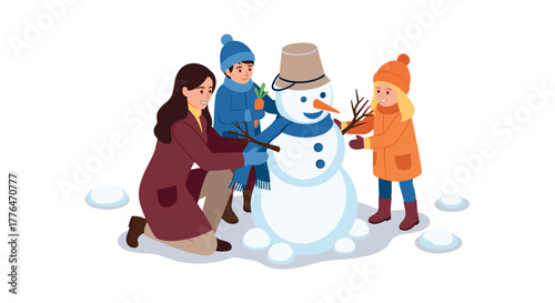 Family building snowman together in winter scene with smiles and laughter