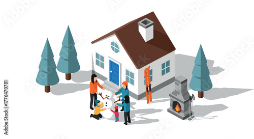 Isometric winter cabin scene with family and snowman building activity