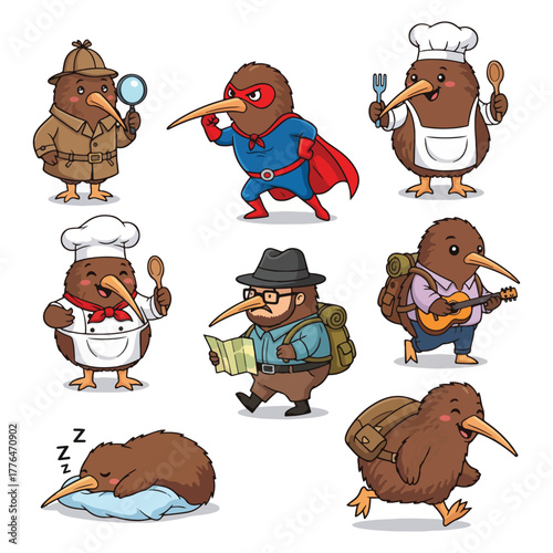 Cartoon kiwi birds in various professions and roles: detective, superhero, chef, traveler, musician, and sleeping.