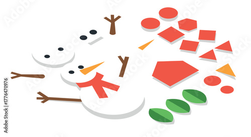 Create your own snowman puzzle build with geometric shapes and festive colors