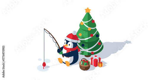 Festive penguin ice fishing by christmas tree in winter wonderland