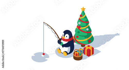 Festive penguin ice fishing next to decorated christmas tree with gifts in isometric style