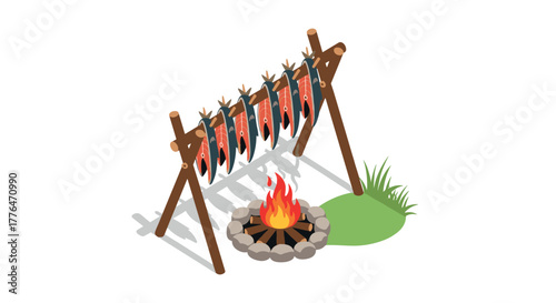 Isometric traditional outdoor fish smoking rack with fire pit