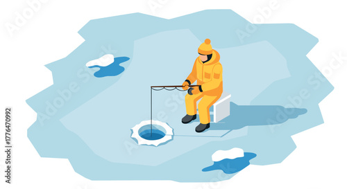 Ice fishing in winter landscape featuring isometric style and polar vibes