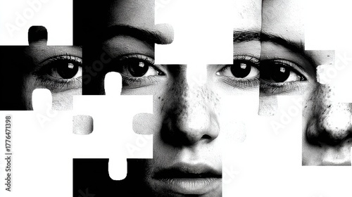 digital visual showing fragmented identity and virtual human concept.