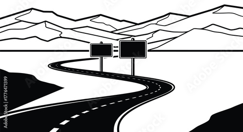 Black and white mountain road trip with blank billboard vector art editable vector