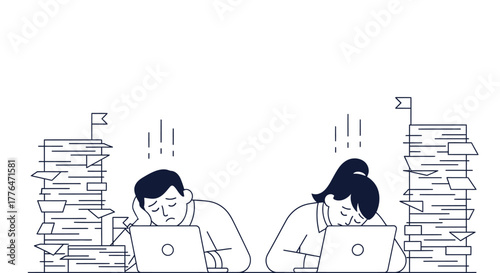Burnout exhausted overworked employees with pile of papers concept editable vector