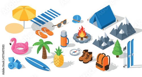 Summer camping essentials in isometric design with beach and adventure gear