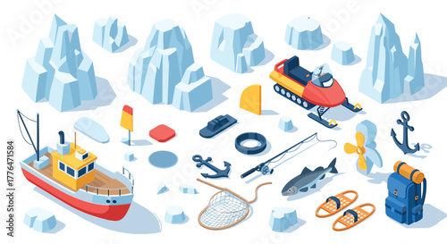 Winter adventure gear and arctic landscape with boat and snowmobile in isometric style