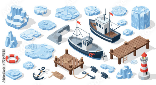 Isometric arctic harbor scene with boats and icebergs