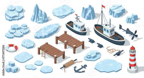 Isometric winter harbor boats, icebergs, and lighthouse for nautical design projects