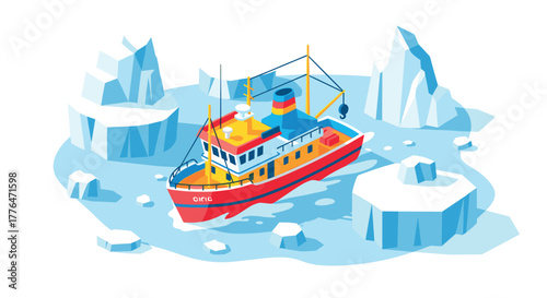 Colorful ship navigating through icy waters in flat design