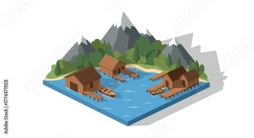Isometric lake scene with wooden cabins and mountain landscape