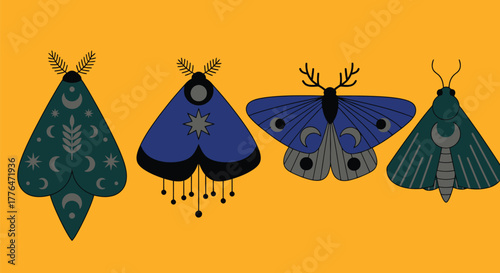 Vector illustration of mystical moths with moon and star elements editable vector
