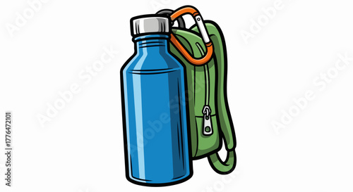 Blue water bottle attached to backpack with transparent background